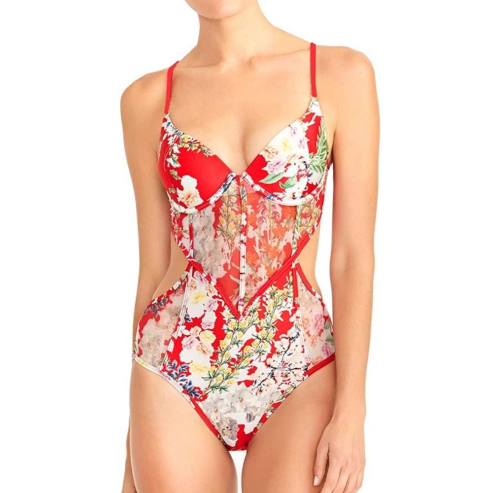 Rachel Roy Swimsuit Mesh Insert Red Monokini